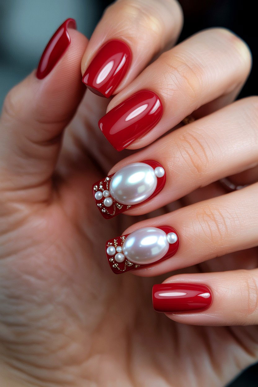 Velvet Red Pearl Nails - 25 Pearl Valentine's Day Nail Ideas