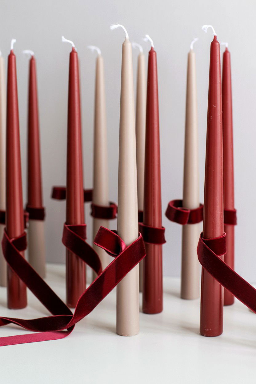 Velvet Ribbon Taper Candle Decor - 25 Valentine's Day Taper Candle Ideas