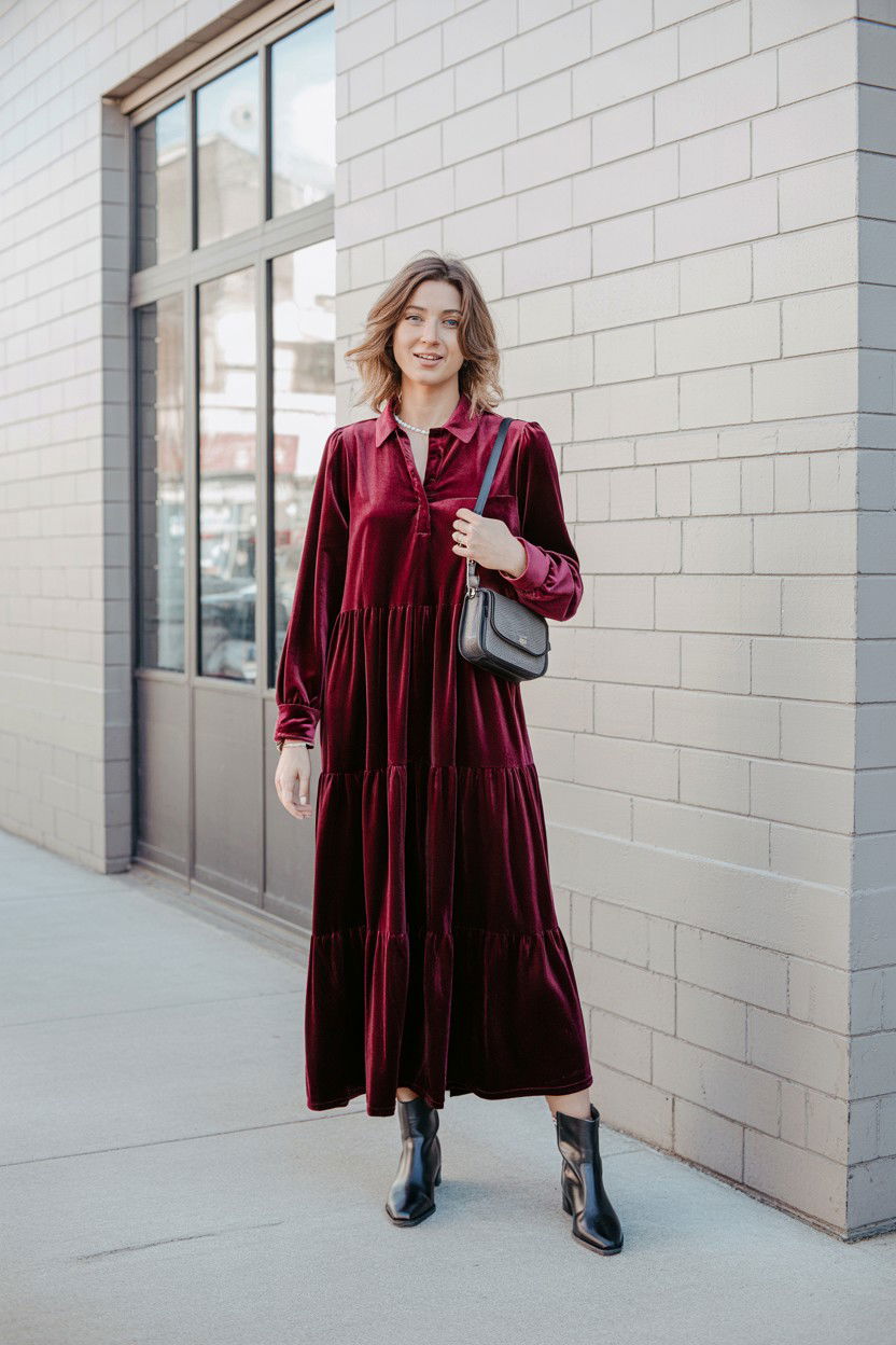 Velvet Tiered Dress - 25 Valentine's Day Velvet Outfit Ideas