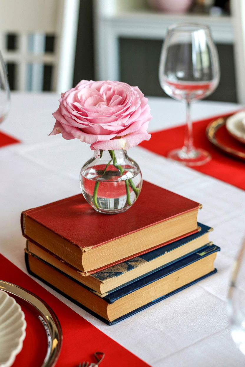 Vintage Book Stack - 25 Valentine's Day Table Centerpiece Ideas