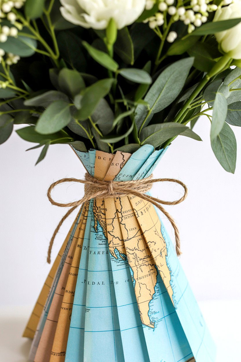 Vintage Map Bouquet Wrap - 25 Valentine's Day Flower Wrapping Ideas
