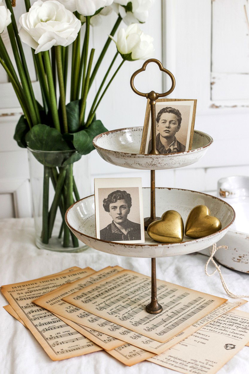 Vintage Neutral Valentine Decor - 25 Neutral Valentine's Day Tiered Tray Ideas