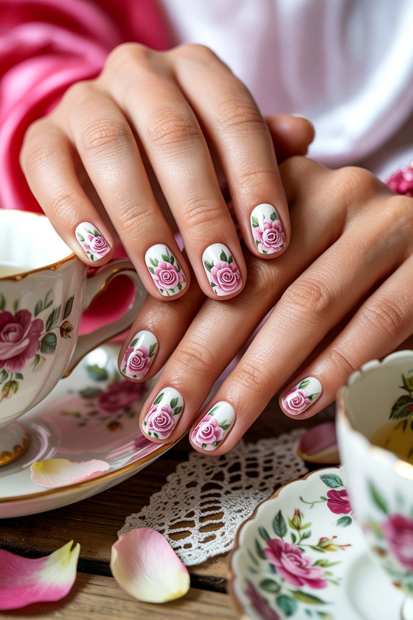 Vintage Rose Nails - 25 Coquette Valentine's Day Nail Ideas