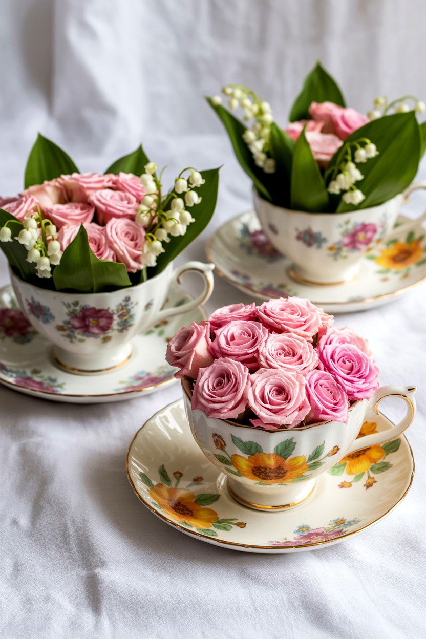Vintage Teacup Floral Display - 25 Valentine's Day Flower Display Ideas