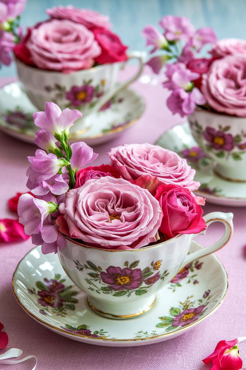 Vintage Teacup Flowers - 25 Valentine's Day Flower Centerpiece Ideas
