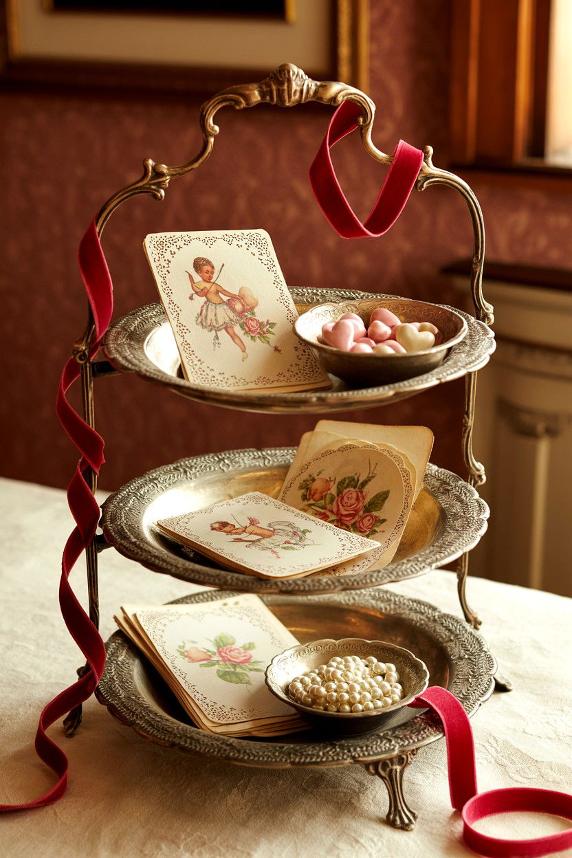 Vintage Valentine Tiered Tray - 25 Dollar Store Valentine's Day Tiered Tray Ideas