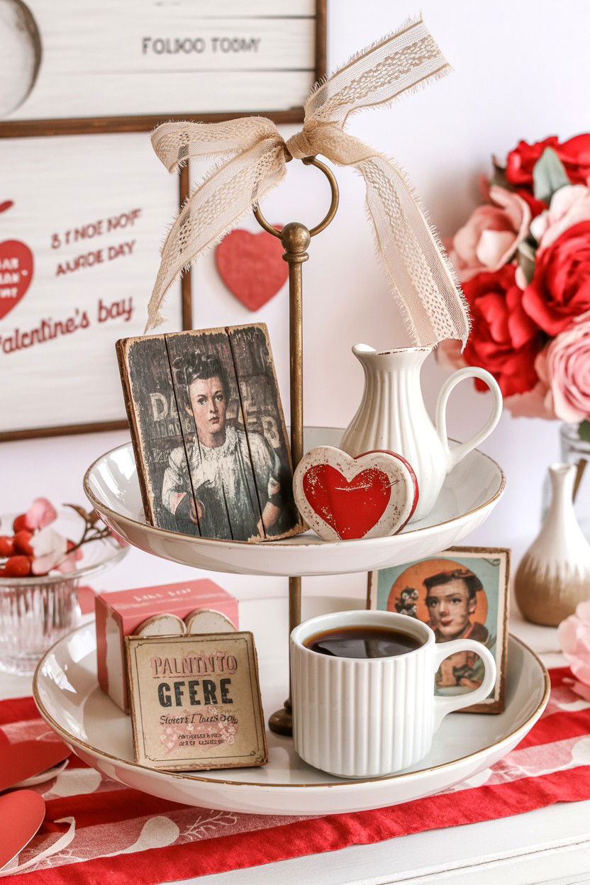 Vintage Valentine Tiered Tray - 25 Valentine's Day Coffee Bar Tiered Tray Ideas