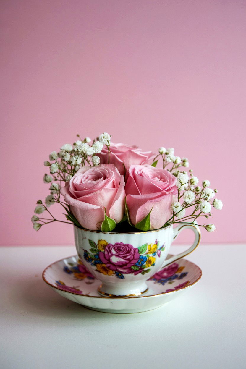 Vintage tea cup rose arrangement - 25 Valentine's Day Rose Arrangement Ideas