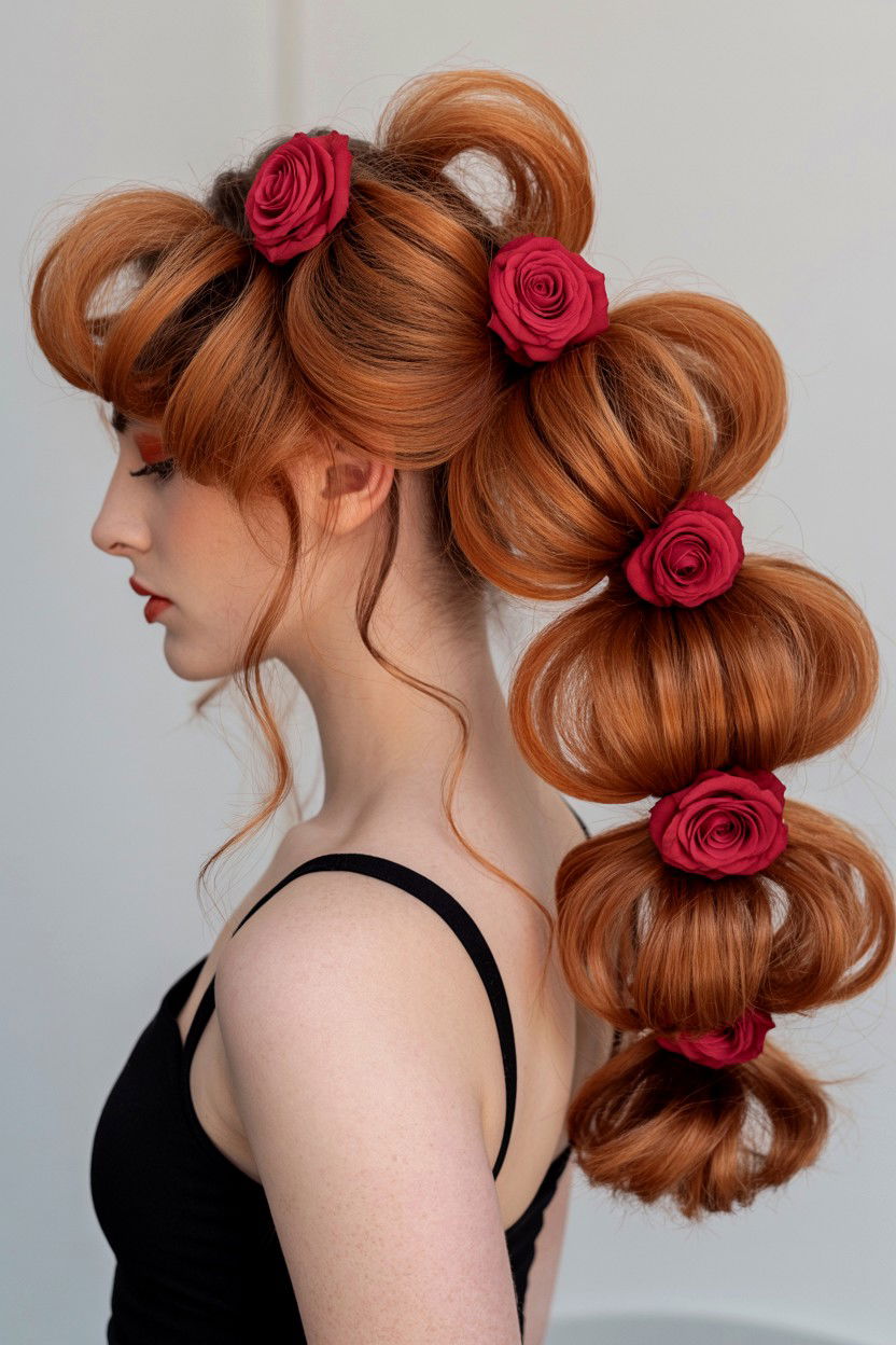 Voluminous Bubble Ponytail Red Roses - 25 Valentine's Day Bubble Ponytail Ideas