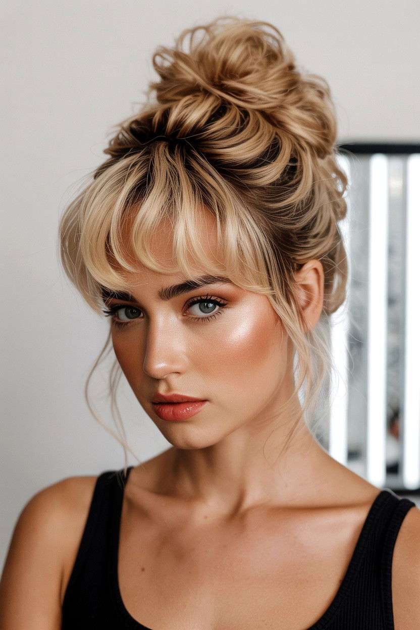 Voluminous Messy Bun With Bangs - 25 Valentine's Day Messy Bun Ideas