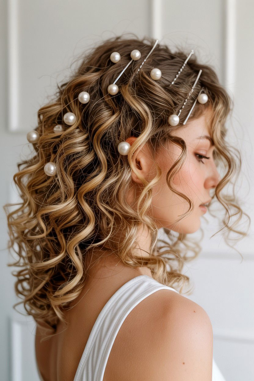 Voluminous curls with pearl hair pins - 25 Valentine's Day Curly Hair Ideas