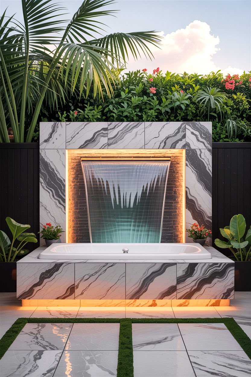 Water feature beside the hot tub - 30 backyard hot tub ideas