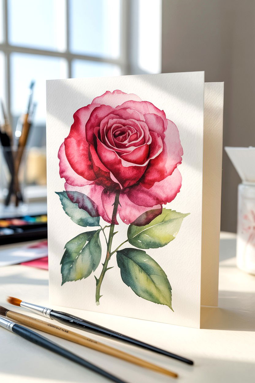 Watercolor Rose Card - 25 Floral Valentine's Day Card Ideas