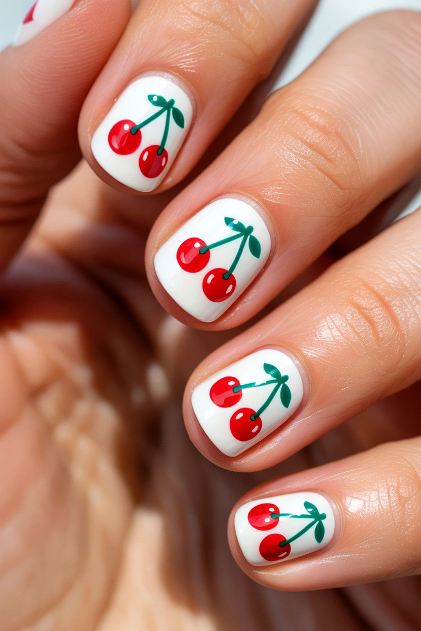 White Base Cherry Nails - 25 Cherry Valentine's Day Nail Ideas