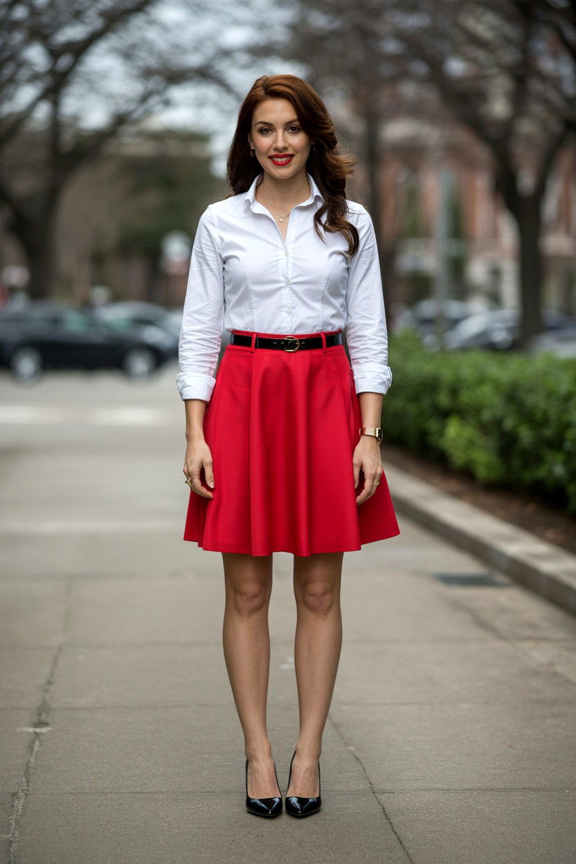 White Button Down and Red Skirt - 25 Valentine's Day Photo Outfit Ideas