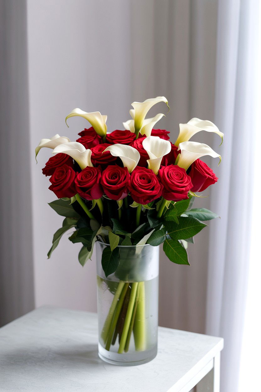 White Calla Lily And Red Rose Mix - 25 Valentine's Day Mixed Bouquet Ideas