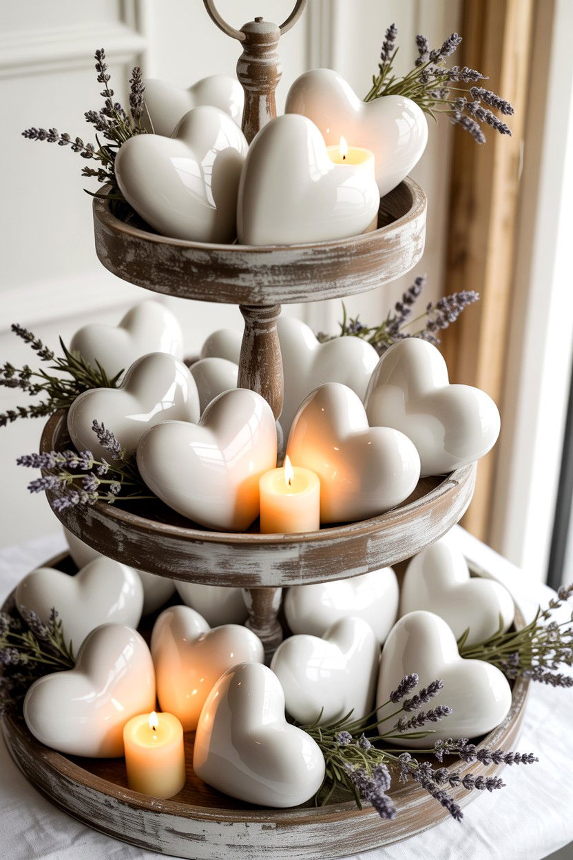 White Ceramic Hearts - 25 Farmhouse Valentine's Day Tiered Tray Ideas