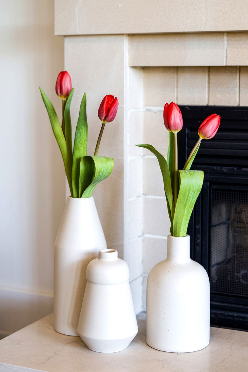 White Ceramic Vases - 25 Valentine's Day Fireplace Decor Ideas