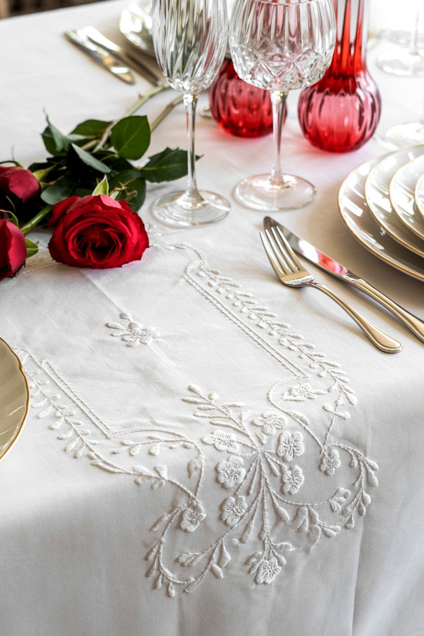 White Embroidered Tablecloth - 25 Valentine's Day Table Cloth Ideas