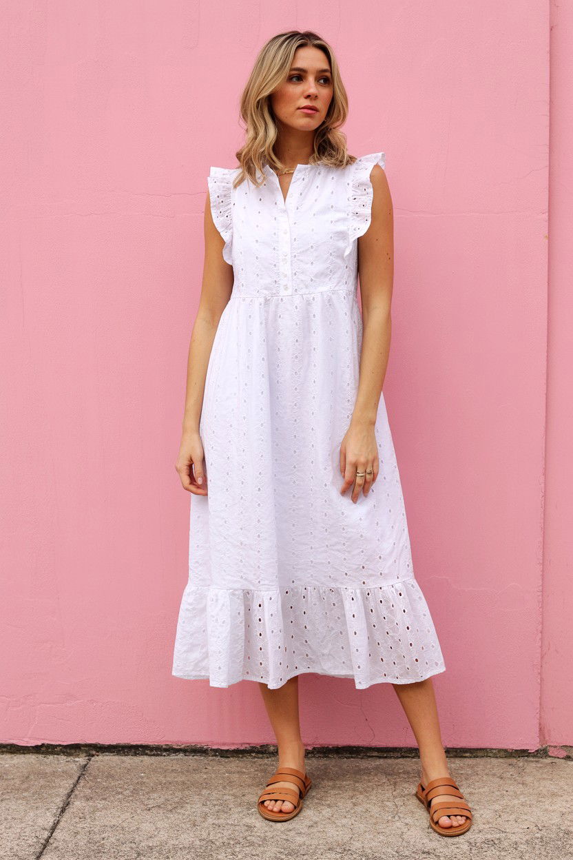 White Eyelet Ruffle Dress - 25 Valentine's Day Midi Dress Ideas