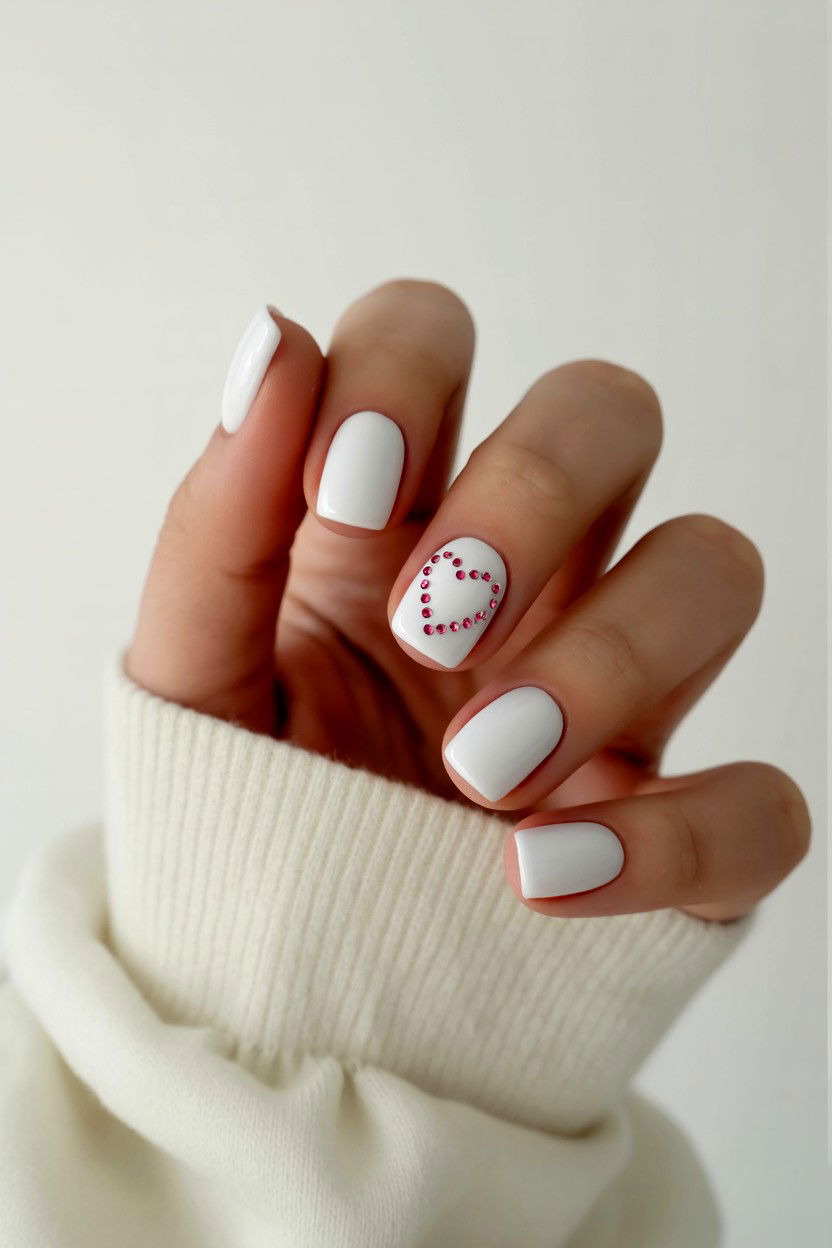 White Heart Rhinestone Nails - 25 Rhinestone Valentine's Day Nail Ideas