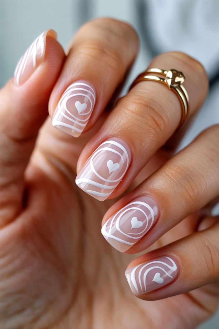 White Heart Swirl Nails - 25 Swirl Valentine's Day Nail Ideas