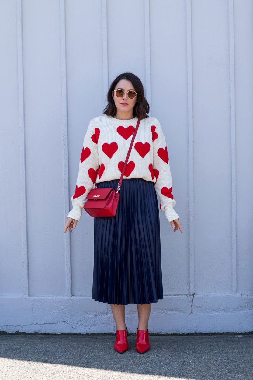 White Knit With Red Hearts - 25 Valentine's Day Sweater Outfits