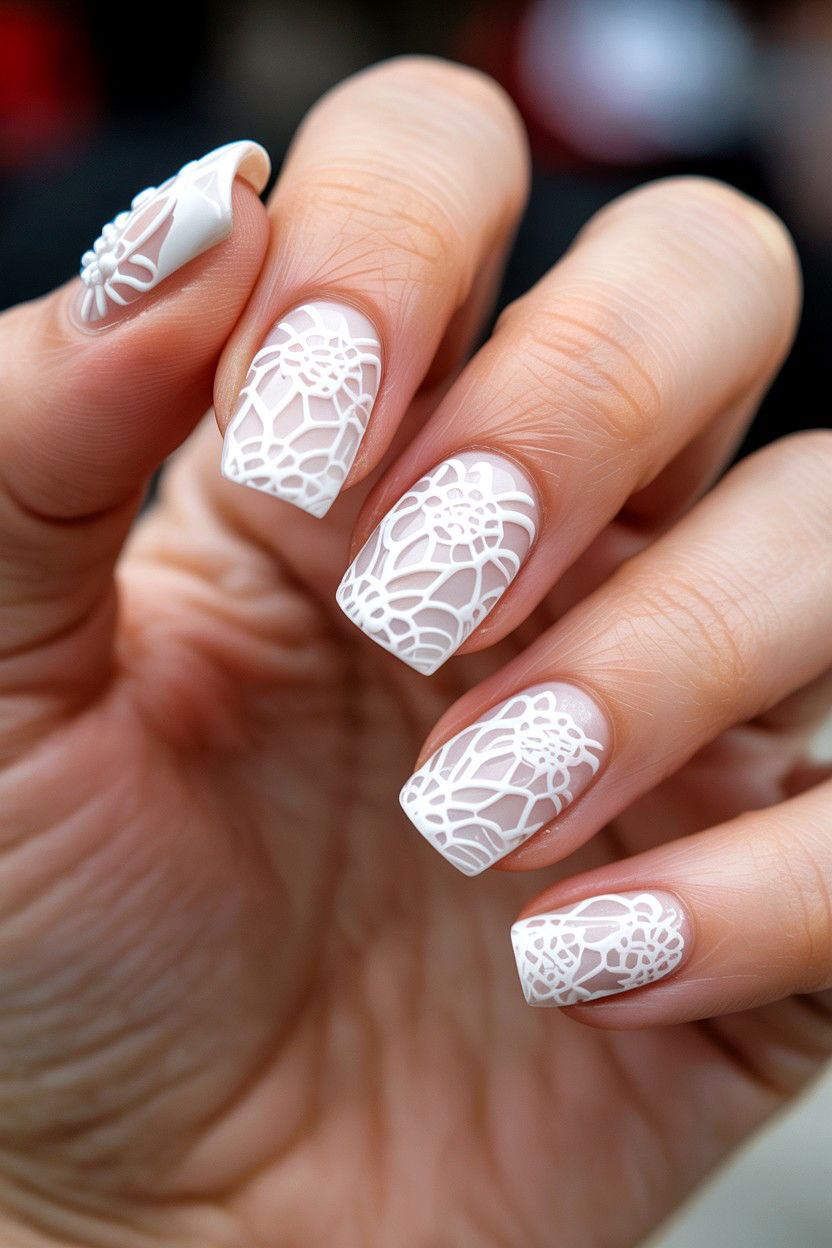 White Lace Nails - 25 3D Valentine's Day Nail Art Ideas