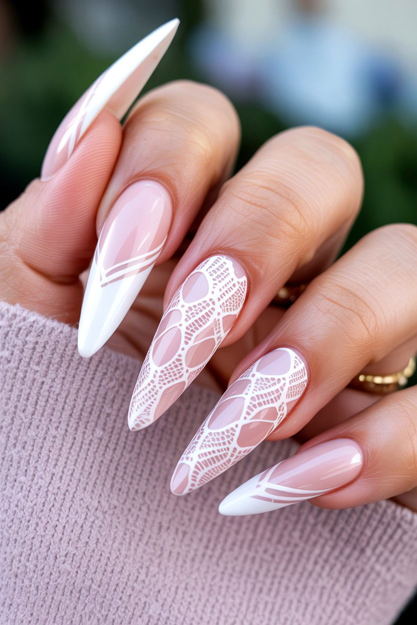 White Lace Pattern - 25 Long Valentine's Day Nail Designs