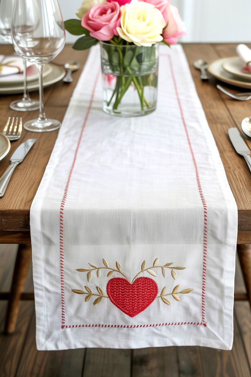 White Linen Valentine Runner - 25 Valentine's Day Table Runner Ideas