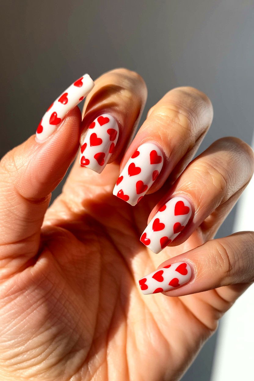 White Nails With Red Hearts - 25 Valentine's Day Coffin Nail Ideas