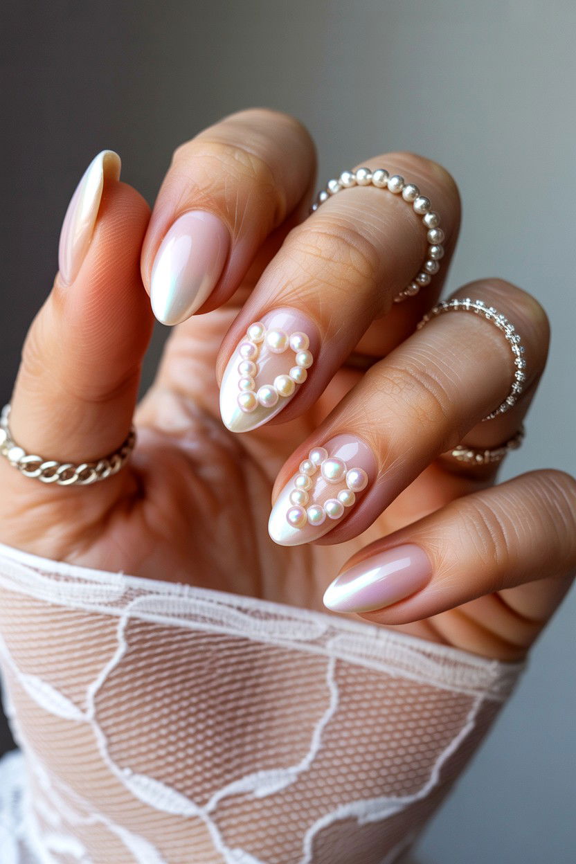 White Pearl Nails - 25 Valentine's Day Almond Nail Ideas