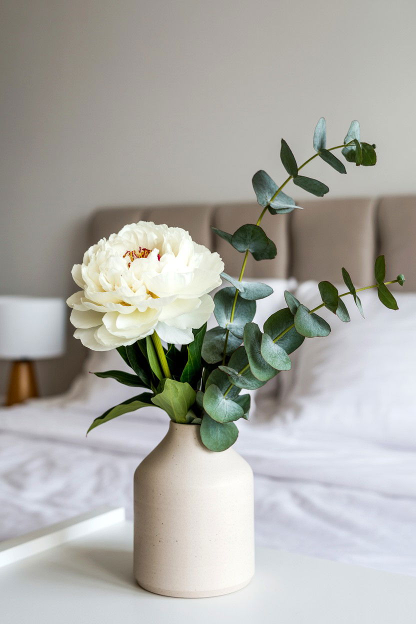 White Peony And Eucalyptus - 25 Valentine's Day Peony Arrangement Ideas