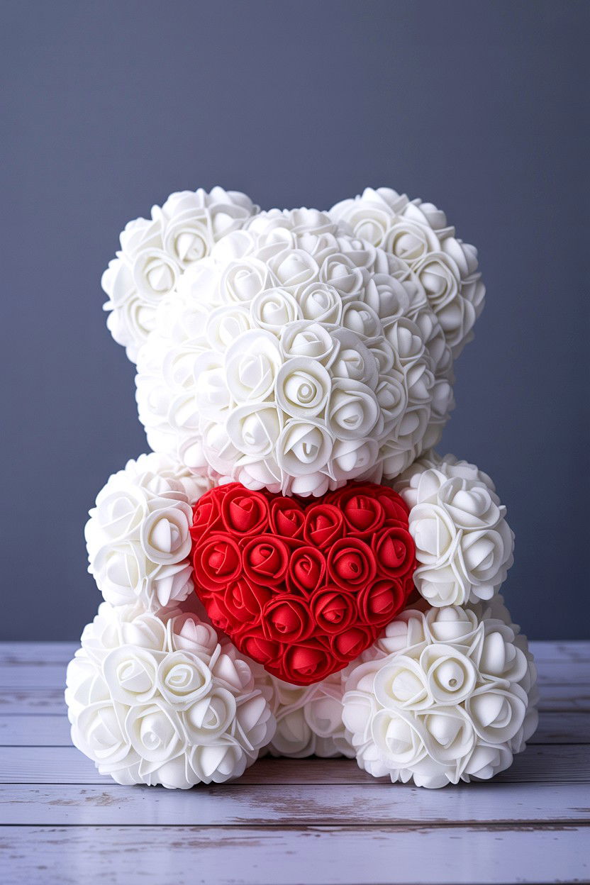 White Rose Bear With Red Heart - 25 Valentine's Day Rose Bear Ideas