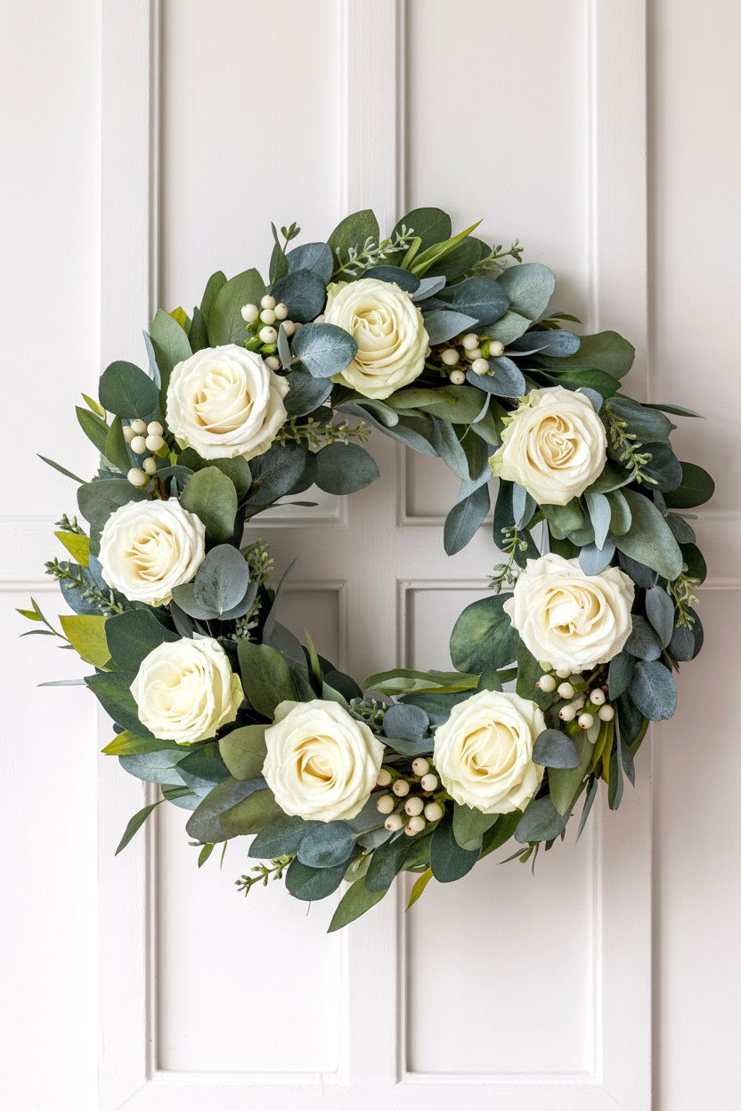 White Rose Eucalyptus Wreath - 25 Rose Valentine's Day Wreath Ideas
