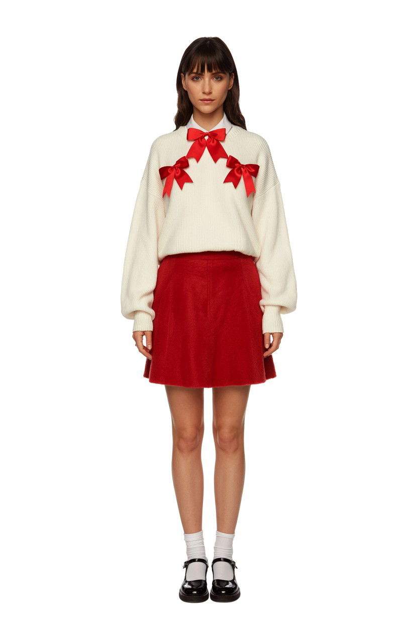 White Sweater Red Bows - 25 Valentine's Day Sweater Outfits