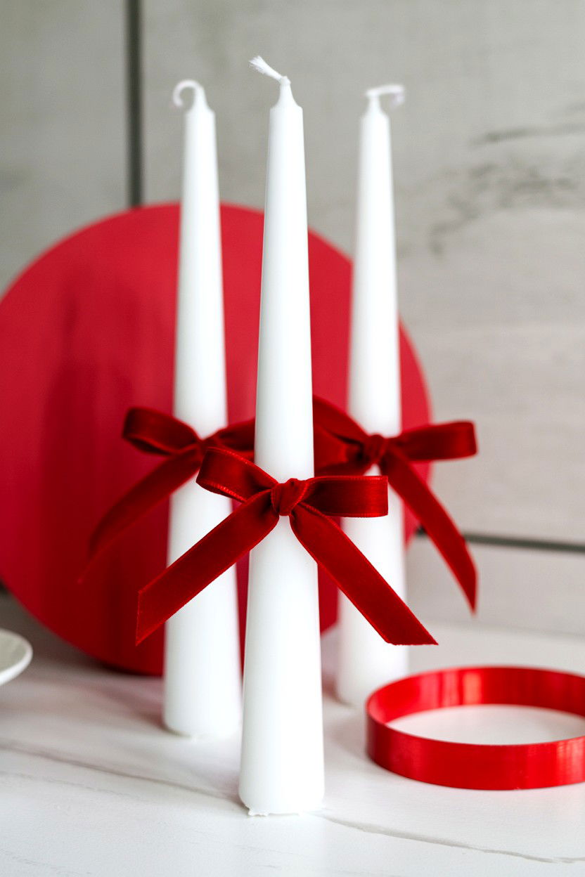 White Taper Candles With Red Ribbon - 25 Valentine's Day Taper Candle Ideas