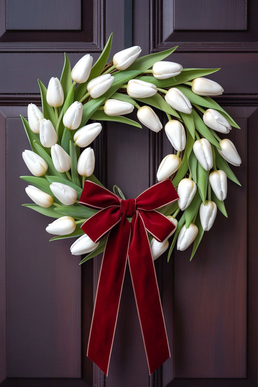 White Tulip Wreath With Ribbon - 25 Tulip Valentine's Day Wreath Ideas