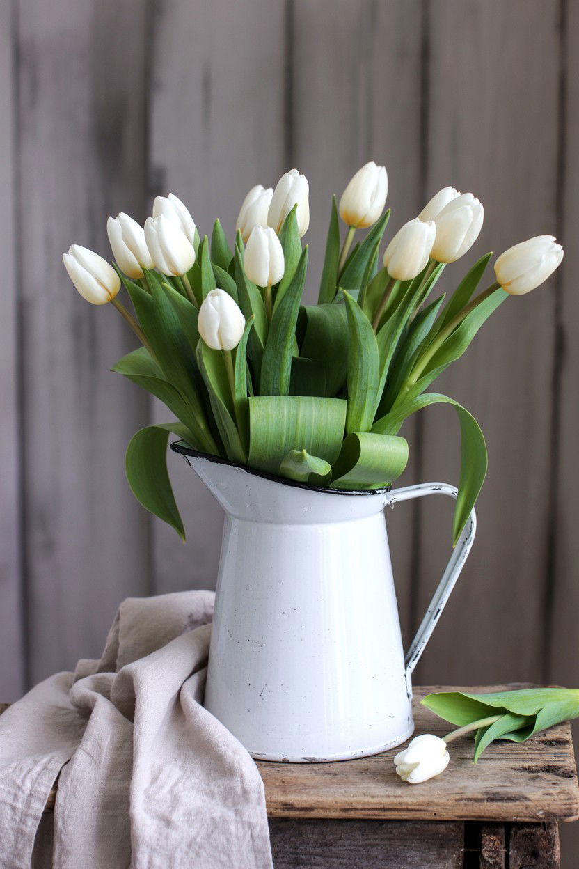 White Tulips In Rustic Pitcher - 25 Valentine's Day Tulip Arrangement Ideas