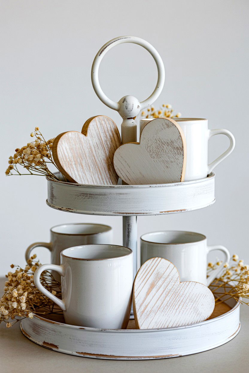 White Wood Valentine Decor - 25 Neutral Valentine's Day Tiered Tray Ideas