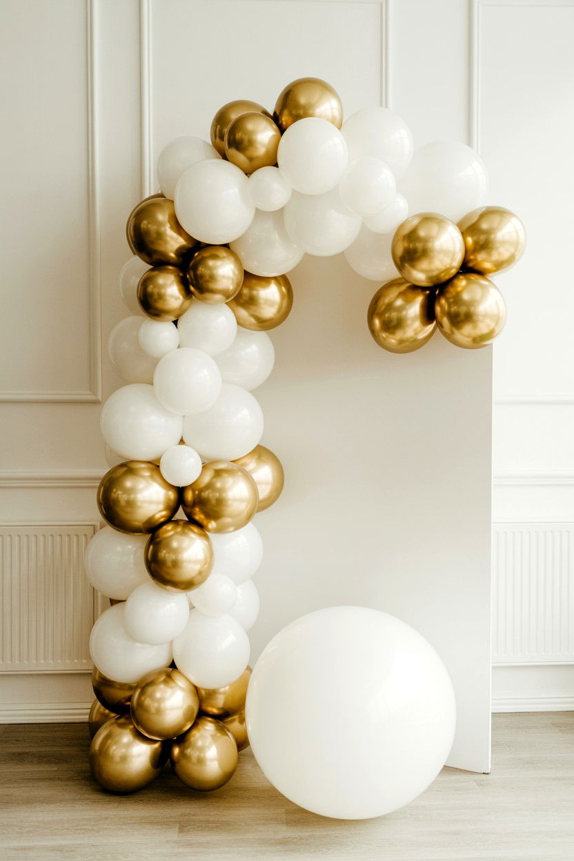 White and gold balloon arch - 25 Valentine's Day Balloon Arch Ideas