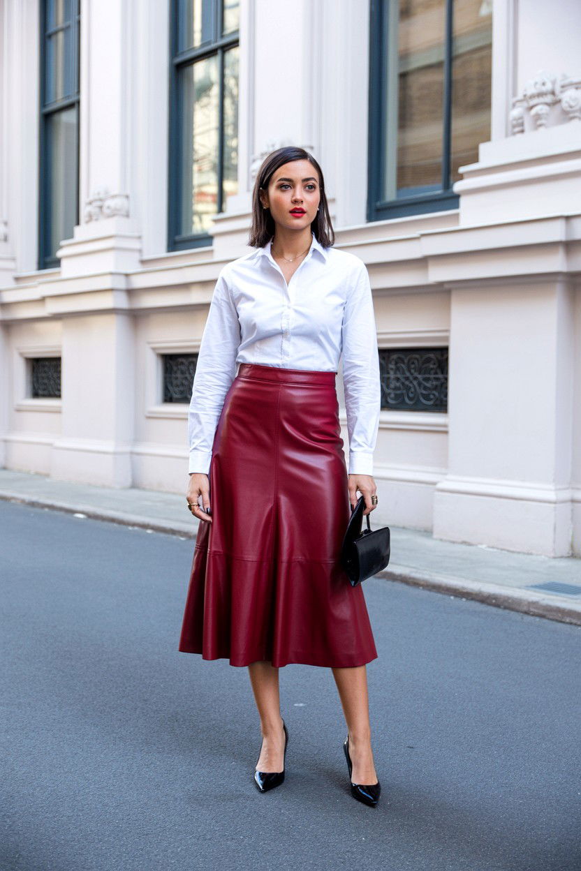 White button down shirt and leather skirt - 25 Valentine's Day Quiet Luxury Outfits