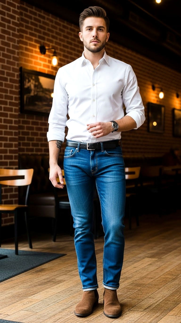 White button up with jeans - 25 valentine's day outfit ideas for men