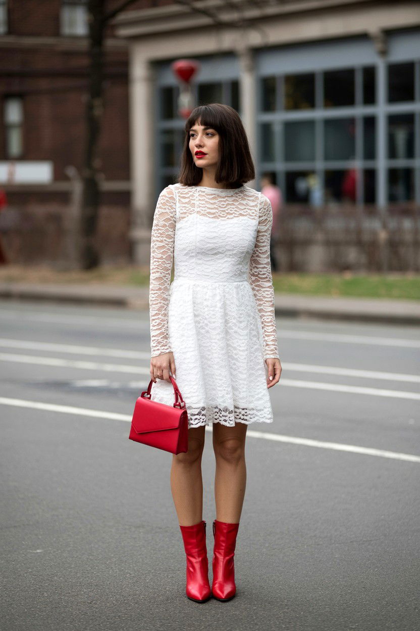 White lace dress with red boots - 25 Valentine's Day Outfits for Teens