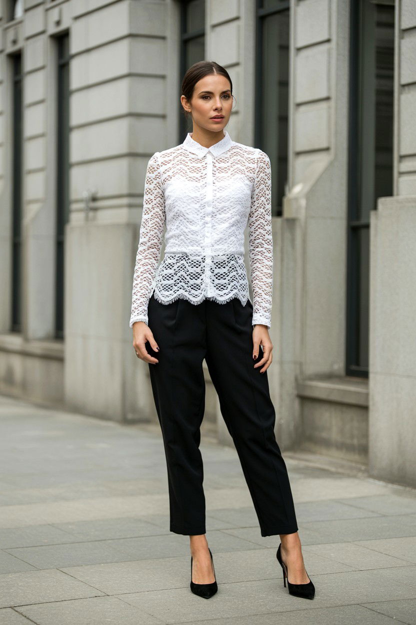 White lace top and black trousers - 25 Valentine's Day Quiet Luxury Outfits