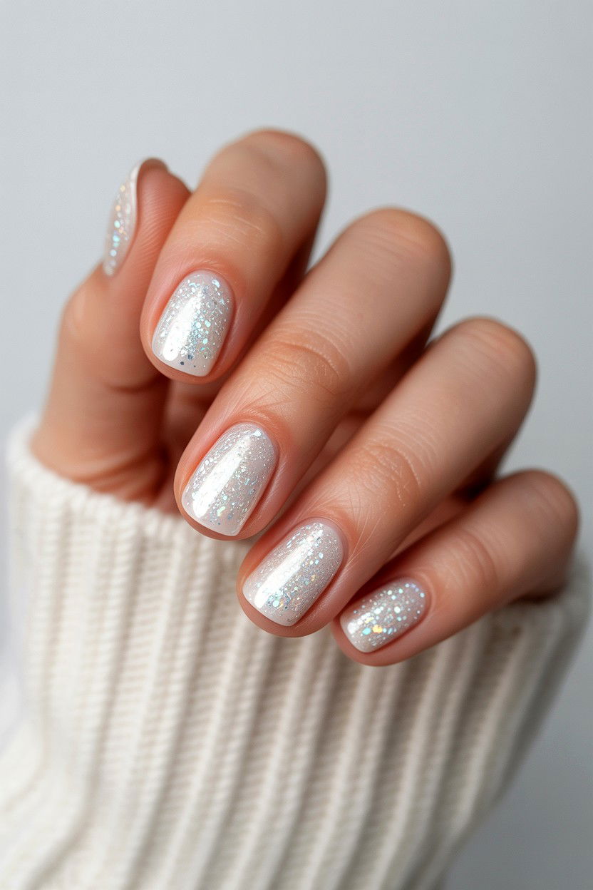 White nails with silver glitter - 25 Glitter Valentine's Day Nail Ideas