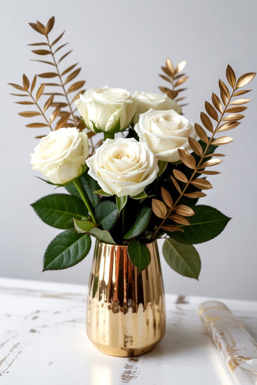 White rose and gold accents - 25 Valentine's Day Rose Arrangement Ideas