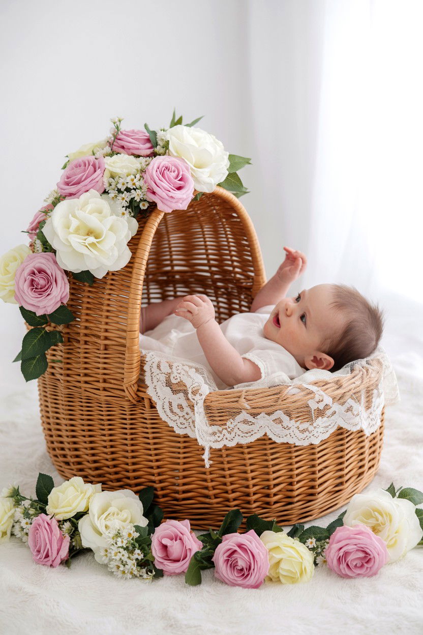 Wicker Basket With Roses - 25 Valentine's Day Newborn Photo Ideas