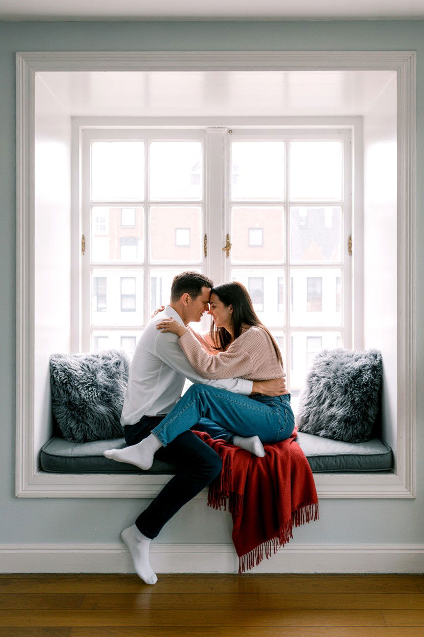 Window Seat Cuddle - 25 Valentine's Day Indoor Photo Ideas