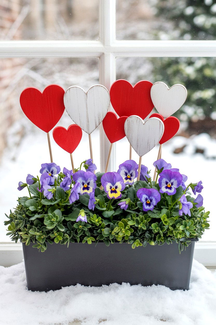 Window box with heart picks - 25 Valentine's Day Planter Ideas